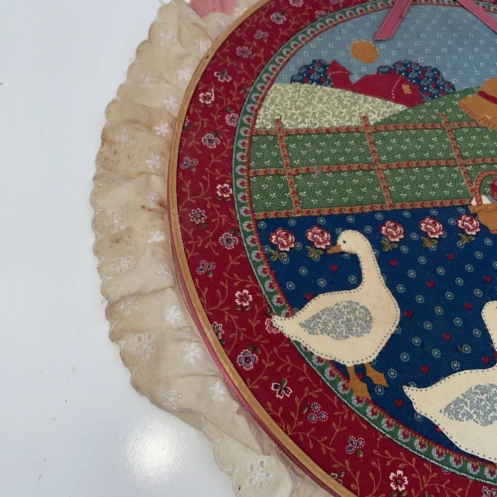 Vintage 1990s Round Country Farm Girl Wall Hanging Grannycore Lace Trim Framed